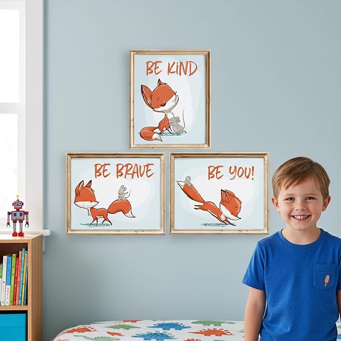 Fox Wall Art Prints (Set of 3) - Unframed - 8x10s | Woodland Nursery Decor - Inspirational Quotes for Boys and Girls Room - Be Kind, Be Brave, Be You - Kids Positive Affirmations