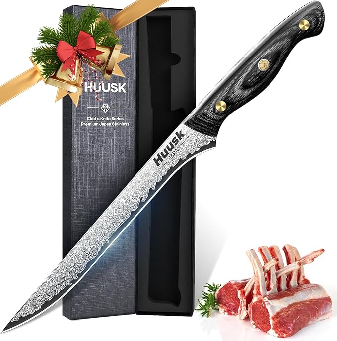 Huusk Damascus Boning Knife 8 inch, VG10 Brisket Trimming Knives for Meat Cutting, Flexible Fillet Knife, Butcher Knives, Kitchen Slicing Knives with Full Tang Handle, Birthday Dad Mom Gift