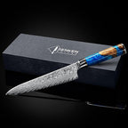 SENKEN Damascus Steel Chef's Knife - Tsunami Collection - 67-Layer Japanese VG10 Steel Core - Unique Blue Resin & Natural Wood Handle, Razor Sharp, Beautiful Damascus Wave Pattern (8" Chef's Knife)