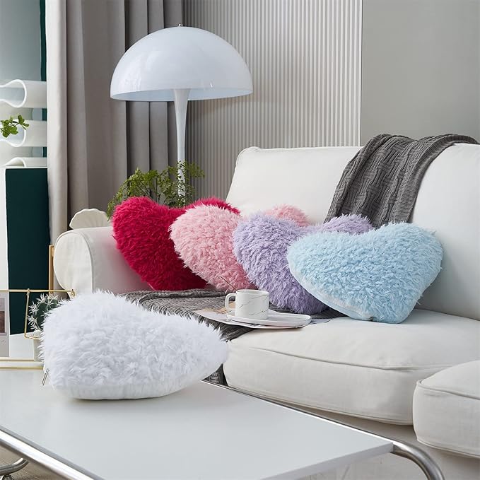 MOOWOO Fluffy Heart Throw Pillow with Pillow Cover and Insert, Shaggy Faux Fur, Decorative Design for Indoor and Outdoor, (Blue, Heart Shape-15.7X15.7Inches)