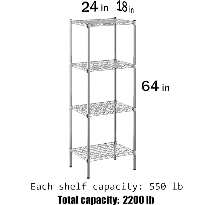 18" Deep x 24" Wide x 64" Height Wire Shelving Kit | 4-Tier | NSF Commercial Storage Rack Unit