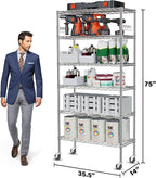 YNN Storage Shelves,6000Lbs 6 Tier Heavy Duty Metal Rolling Shelving Unit with Wheels & 8 Hooks, Adjustable Garage Wire Rack for Kitchen, Bathroom,Industrial,Pantry(36" W x 14" D x 72" H, Chrome)