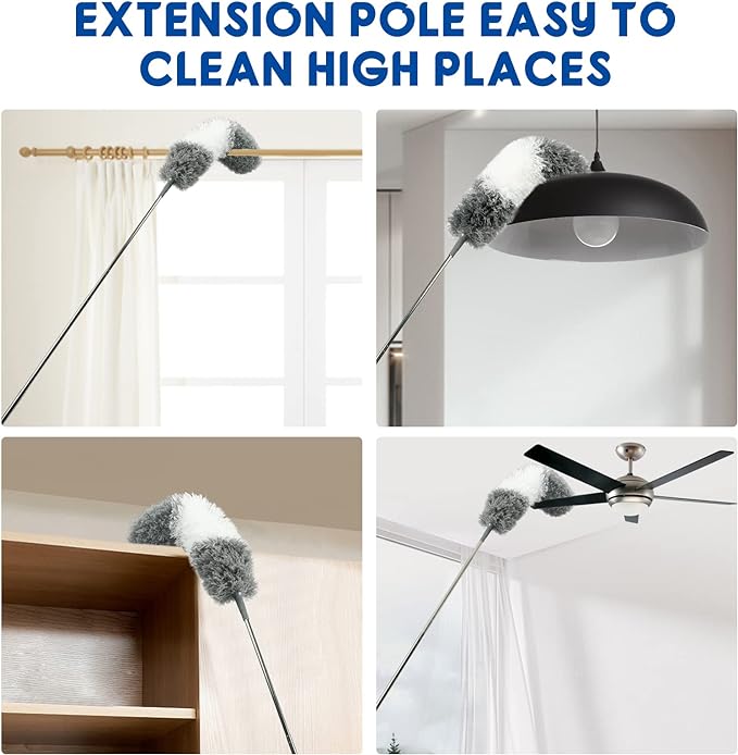 Microfiber Feather Dusters for Cleaning, Extendable Duster with 110" Extension Pole & 2pcs Replaceable Bendable Head, Cleaner Supplies Duster Tool for Ceiling Fan Furniture Cars Home Kitchen Gadgets