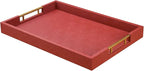 14x20 Inches Brown Faux Leather Wrapped Wood Serving Tray with Metal Handles for Various Occasions, Ottoman, Home Decor Decorative, Living Room, Coffee Table Organizer, Serving Breakfast On Bed