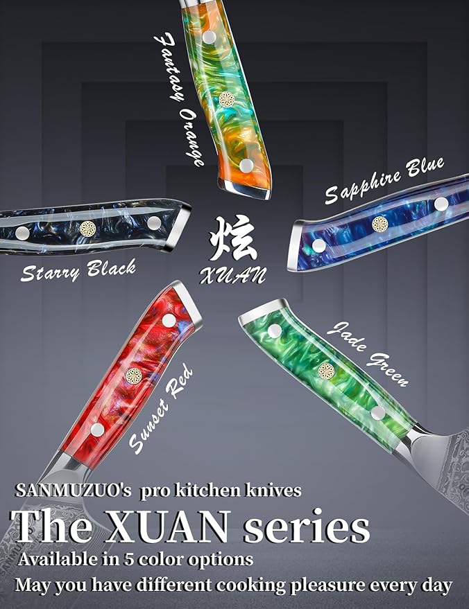 Steak Knives Set of 4, Ultra Sharp Non Serrated Kitchen Steak Knife 5 Inch - Damascus Steel & Resin Handle - Xuan Series (Sunset Red)