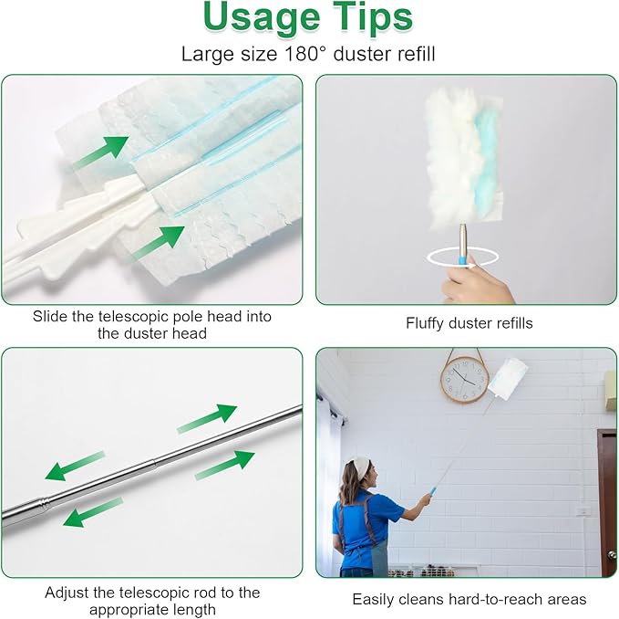 180° Microfiber Duster Refills with 5-Level Adjustable Telescopic Handle (12"-31"), 20 Count Heavy Duty for Swiffer Duster, Multi-Surface Dusters for Cleaning Furniture, Blinds, Electronics & Corners