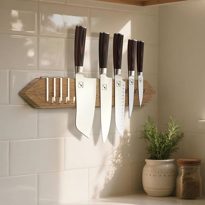imarku Magnetic Knife Holder for Wall - 16 Inch Acacia Wood Magnetic Knife Strip with Powerful Magnet, Knife Magnetic Strip for Kitchen Utensil Organizer with 4 Hooks, Natural Acacia