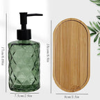 Glass Hand and Dish Soap Dispenser Set of 2 with Plastic Pumps, Bamboo Tray, 12oz Green Bathroom Soap Dispenser with Diamond for Hand Wash & Dish Wash, Ideal for Bathroom Kitchen Countertop