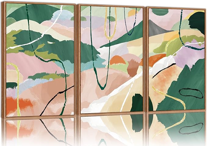 Tinonedraw Colorful Abstract Framed Canvas Wall Art Set, 3 Panel Green Pink Girly Oils Inks Artwork, Three Pieces Neutral Modern Minimalist Wall Decor for Living Room Bedroom Office 24"x36"x3