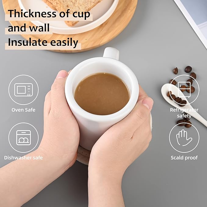 11oz Ceramic Diner Coffee Mug set Stoneware Coffee Cups Set for Restaurant, Diner, Farmhouse, Coffee Shop, Home set of 4 with Coffee spoons and Woven coasters (white)