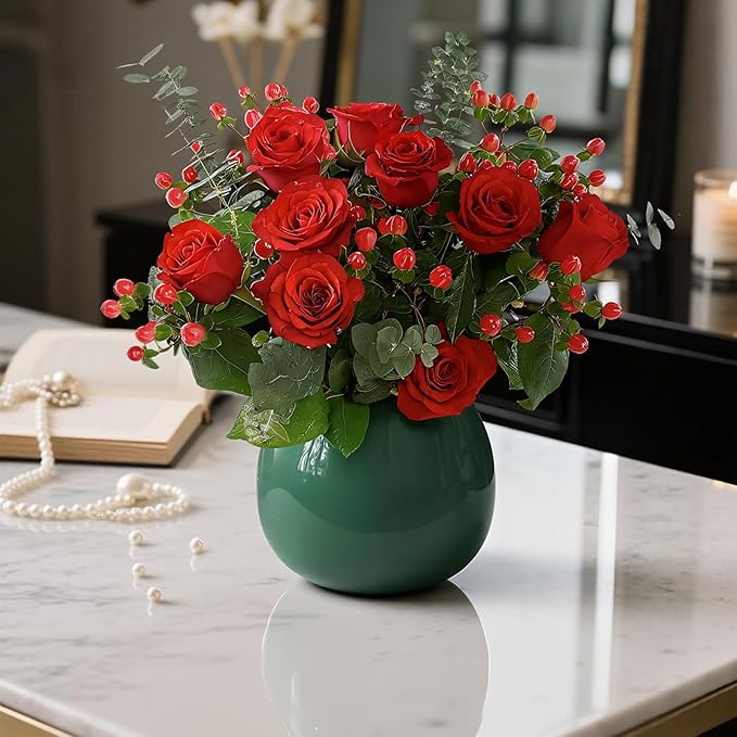 Flower Vase-Handcrafted Ceramic with Smooth Green Glaze, Small Vase for Flowers w/Waterproof Interior and Anti-Slip Bottom, Vases Home Decor Shelf Decor Table Centerpieces