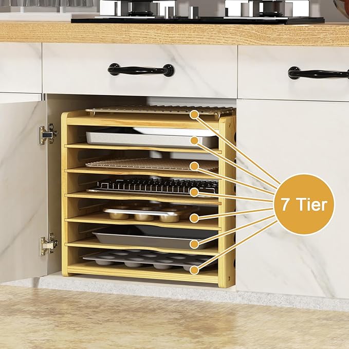 7 Tier Wooden Cabinet Tray Dividers,Kitchen Cabinet Tray Divider for Pans, Storing pans, Baking trays, Cutting Board