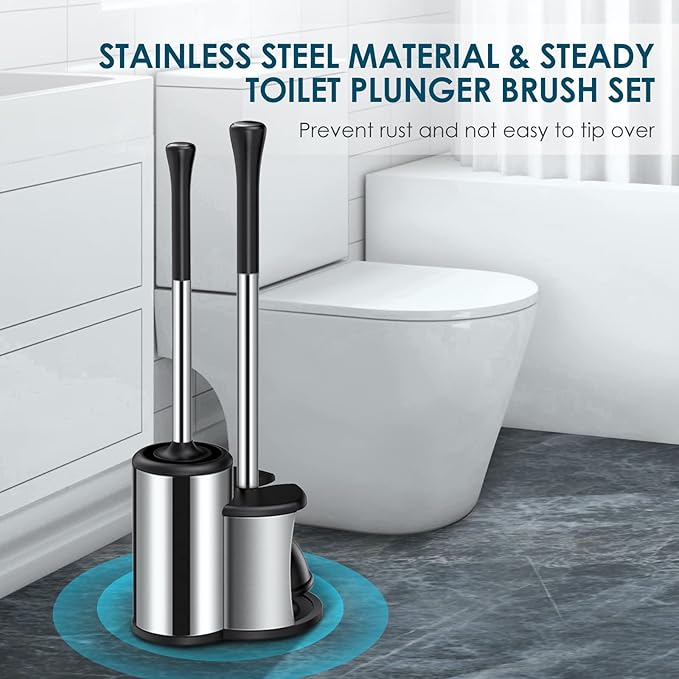 Toilet Plunger Bowl Brush Set: Hideaway Heavy Duty Toilet Plunger Scrubber Cleaner Holder Combo for Bathroom with Covered Caddy Hidden Elongated Discreet Apartment Toilet Plunger Brush Accessories