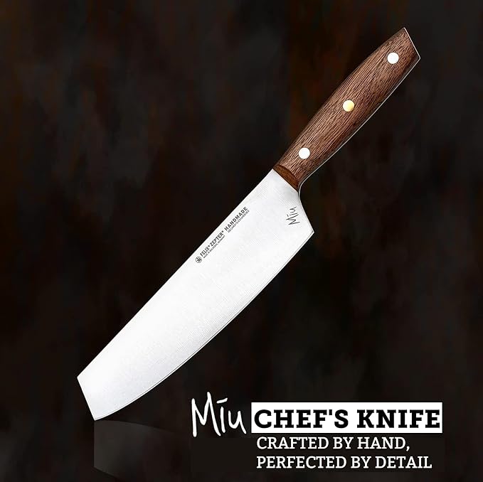Zepter Felix MIU Chef Knife, 8in long global kitchen knife. Butcher knife for meat cutting, vegetable&bread slicing. Chef's walnut handle, sharp carbon steel, handmade Germany cooking tools est. 1790