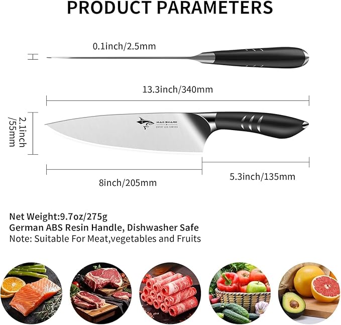 MAD SHARK Chef Knife 8 inch Chopping Knife High Carbon Stainless Steel Shark Chef's Knives with Ergonomic Handle, Cooking Knife with Gift Box, Birthday Gifts for Mom/Dad, Black