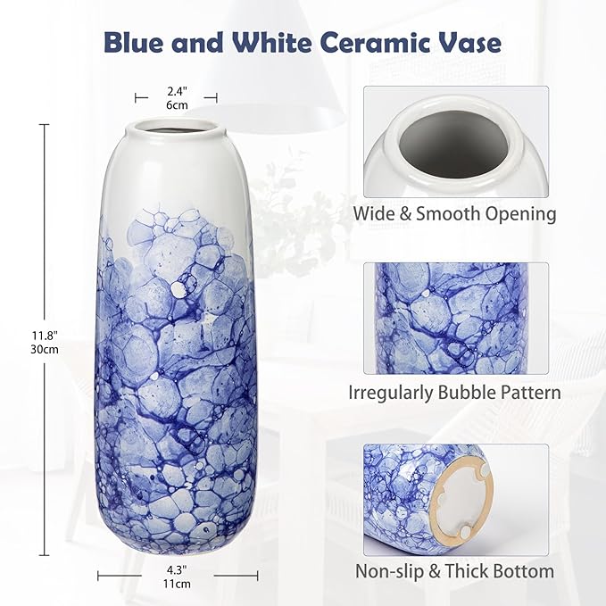 Blue and White Chinoiserie Vase - 11.8" Porcelain Flower Vase for Centerpieces and Dining Table Decor
