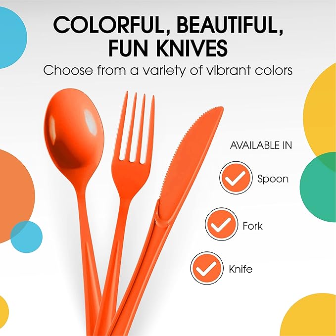 Party Solids Orange Plastic Knives 200 Pcs Orange Knives Disposable Utensils Heavy Duty Plastic Cutlery Set Disposable Cutlery Sets Flatware Sets Silverware Set Party Supplies & Party Tableware