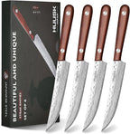 Huusk Knife Set, Steak Knives Set of 4, Japanese Steel Kitchen Steak Knives 4.9 Inch With Wood Handle, Non-serrated Meat Knife with Damascus Pattern, Full Tang Dinner Knife With Gift Box