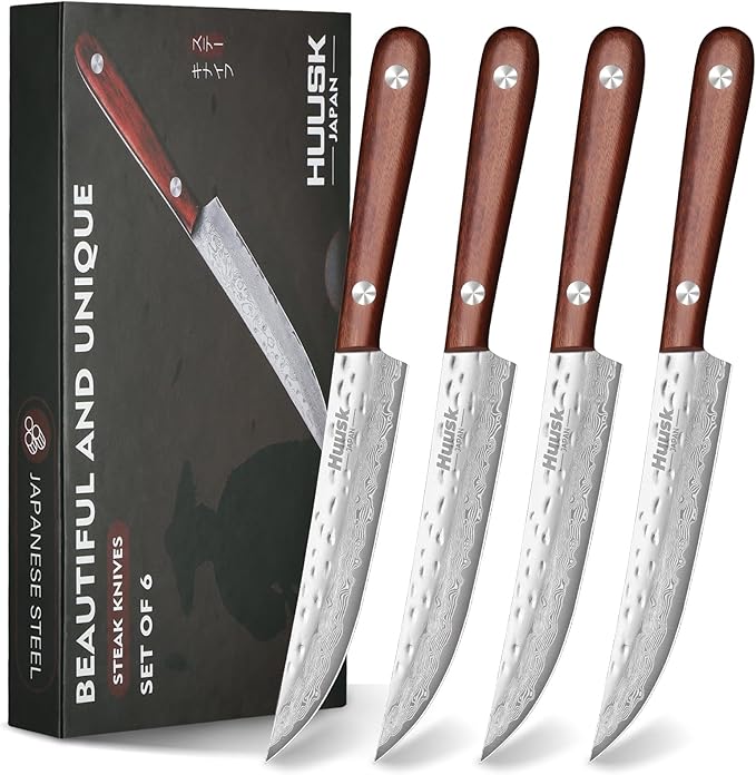 Huusk Knife Set, Steak Knives Set of 4, Japanese Steel Kitchen Steak Knives 4.9 Inch With Wood Handle, Non-serrated Meat Knife with Damascus Pattern, Full Tang Dinner Knife With Gift Box
