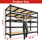 PrimeZone 60" W X 24" D X 72" H Heavy Duty Garage Storage Shelves - Adjustable Metal Shelving Unit, 5 Tier Industrial Shelves for Storage Standing Utility Rack for Warehouse, Pantry, Basement, Black