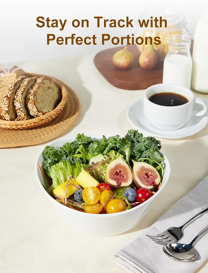 Yedio Salad Bowls Set, 48 Ounces Porcelain Serving Bowls for Kitchen, Large White Bowls for Soup, Oatmeal, Pasta, Snacks, Set of 2, Microwave Dishwasher Safe