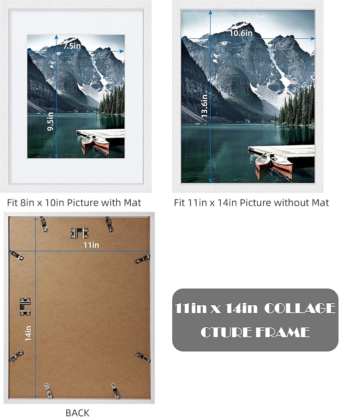 11x14 Picture Frames set of 3, Made of Glass and White Wooden Photo frame - Displays 8x10 Picture with Mat or 11 x 14 Poster without Mat, Wall Collage Frame set