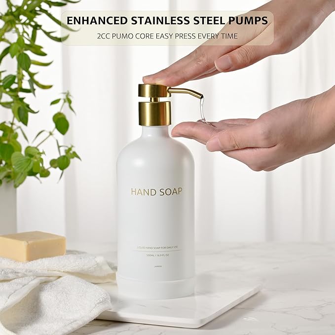 Glass Kitchen Soap Dispenser Set with Ceramic Tray,16.9 floz Hand and Dish Soap Dispenser for Kitchen and Bathroom Decor (White + Gold(Lotion))