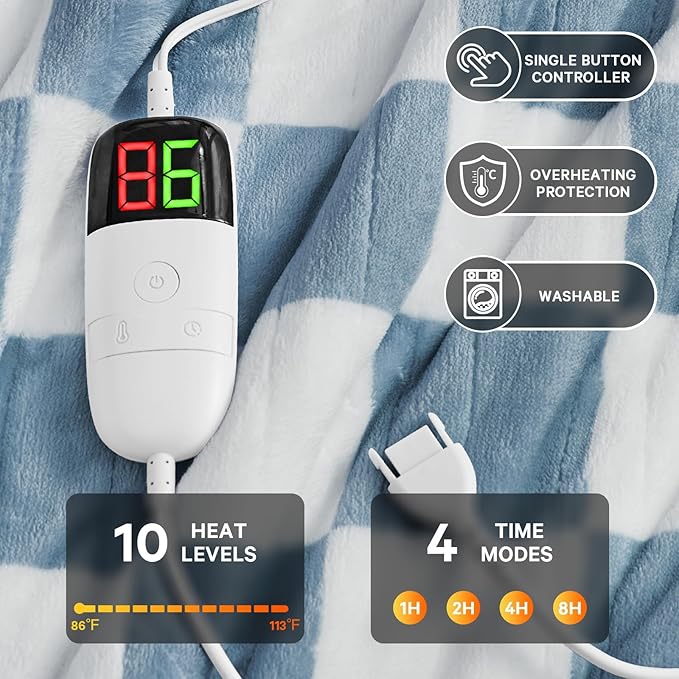 Heated Electric Blanketc Throw, 50X60 Heating Blanket with 10 Heat Levels & 8 Hours Auto Off for Lap, Misty Blue Checkered Plaid Soft Sherpa Blankets Warmer Gifts for Couch Grandma Women Adults, ETL