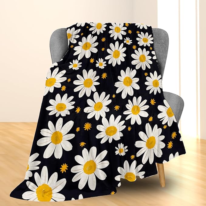 White Daisy Flowers Blanket - Soft Lightweight Cozy Floral Flannel Throw Blanket for Adults Kids Women Girls, Warm Fuzzy Blankets for Couch, Bed, Travel, Outdoor Use, Home Decor 60×50 in