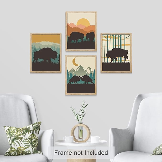 SIGNWIN Poster Bathroom Decor 8"x10"x 4, Wall Art Room Decor Multicolor for Living Room, Bedroom, Office Country Farmhouse Vibrant Bison Silhouette Nature Wilderness Animals Decorative Chic