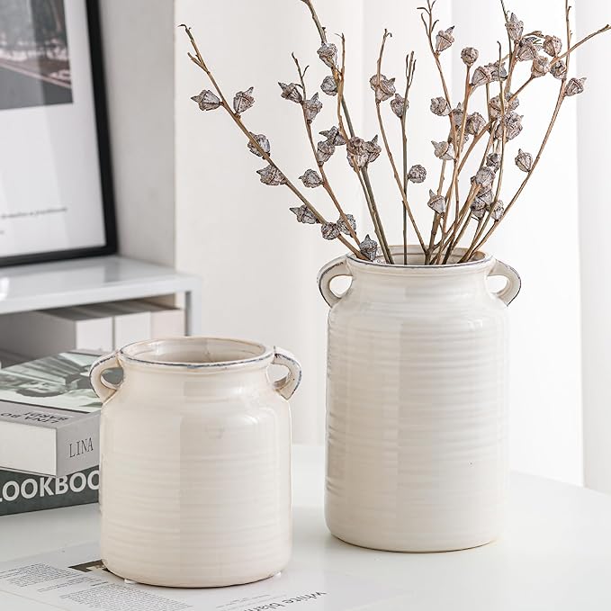 Ceramic Rustic Distressed White Flower Vase for Centerpieces, Kitchen, Office or Living Room (5.9''x8.6”)