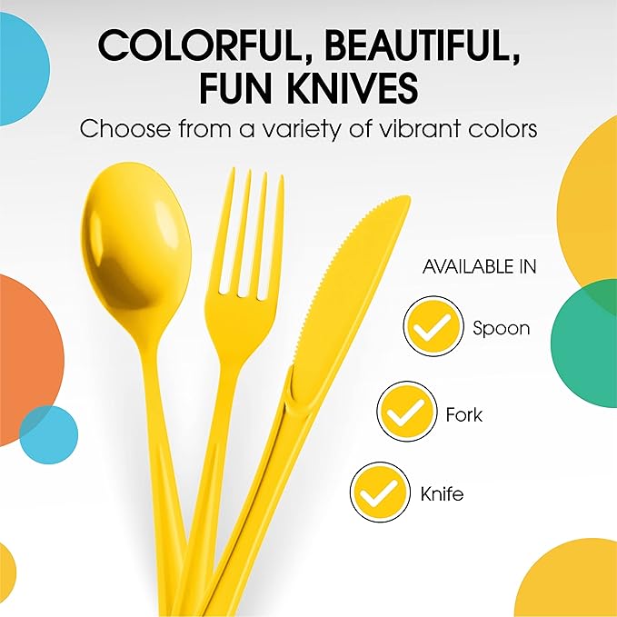 Party Solids Yellow Plastic Knives 200 Pcs Yellow Knives Disposable Utensils Heavy Duty Plastic Cutlery Set Disposable Cutlery Sets Flatware Sets Silverware Set Party Supplies & Party Tableware