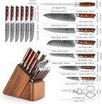 XINZUO 15pcs Kitchen Knife Set with Block, Professional Damascus Chef Knife Set-steak Knife Set of 6-Kitchen Shear&Diamond Honing Steel,Natural Rosewood Handle, Razor Sharp
