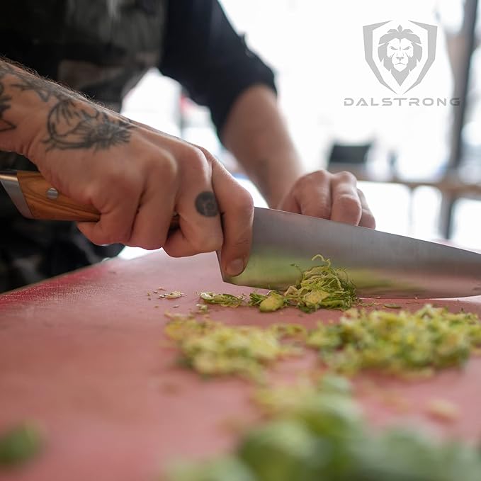 Dalstrong Chef Knife - 8 inch Blade - Gladiator Series - Forged High Carbon German Steel - Razor Sharp Kitchen Knife - Professional Full Tang Knives - Olive Wood Handle - Sheath - NSF Certified