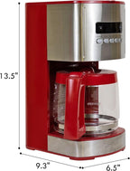 Kenmore Drip Coffee Maker - 12 Cup Programmable Cafe Machine With Glass Pot, Regular & Bold Brew, Auto Shut Off Large Water Reservoir, Reusable Filter, Kitchen Appliances For Cafeteria Barista, Red