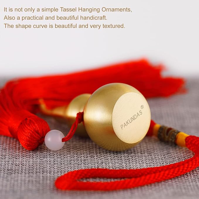 Feng Shui Hanging Ornaments Decor,Wu Lou Golden Gourd,with Red Luck Strip Tassel Treasure for Ideal Car Pendant,Bedroom,Door,Desk lamp,Bring Good Luck,Safty,Healthy,2.16inch Tall,Full Brass