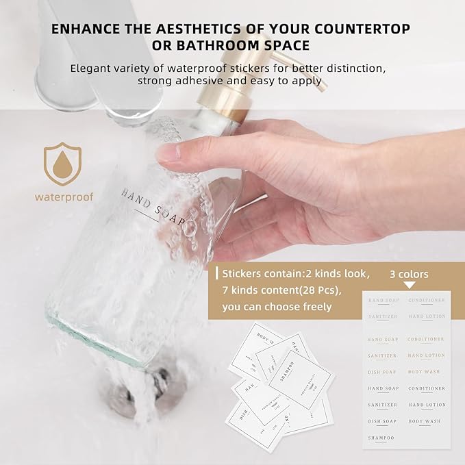 Glass Soap Dispenser - Dish Soap Dispenser for Kitchen, Hand Soap Dispenser Set, Bathroom Soap Dispenser with 304 Rust Proof Pump, Soap Dispenser for Kitchen with Tray, Clear Bottle/Gold Pump