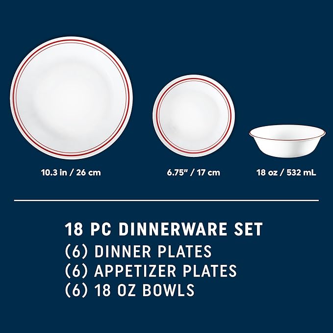 Corelle Vitrelle 18-Piece Service for 6 Dinnerware Set, Triple Layer Glass and Chip Resistant, Lightweight Round Plates and Bowls Set, Logan