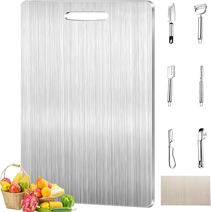 Titanium Cutting Board,Cutting Boards For Kitchen,Stainless Steel Cutting Board,Peeler,Mat,Dish Clip,For Cutting Vegetables, Meat,Fruits,Silver, 18.11x11.8 IN