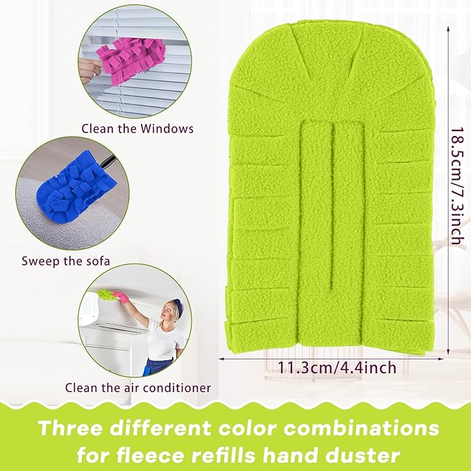 Zubebe 3 Pcs Duster Refill Reusable Fleece Duster Refills Feather Flat Dusters Multi Surface Washable Cleaning Pads Tools for Home, Blinds, Car, Pet, Furniture, Fans (Rose Red,Green,Blue)