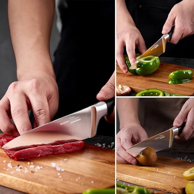 OAKSWARE Chef Knife, 8" Kitchen Knife for Cutting & Cooking, High Carbon German Steel Razor Sharp Knives, Professional Meat Knife with Full-Tang Handle
