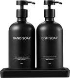 Glass Kitchen Soap Dispenser Set with Ceramic Tray,16.9 floz Hand and Dish Soap Dispenser for Kitchen and Bathroom Decor,Kitchen Accessories(Black Bottles +Black Pumps)