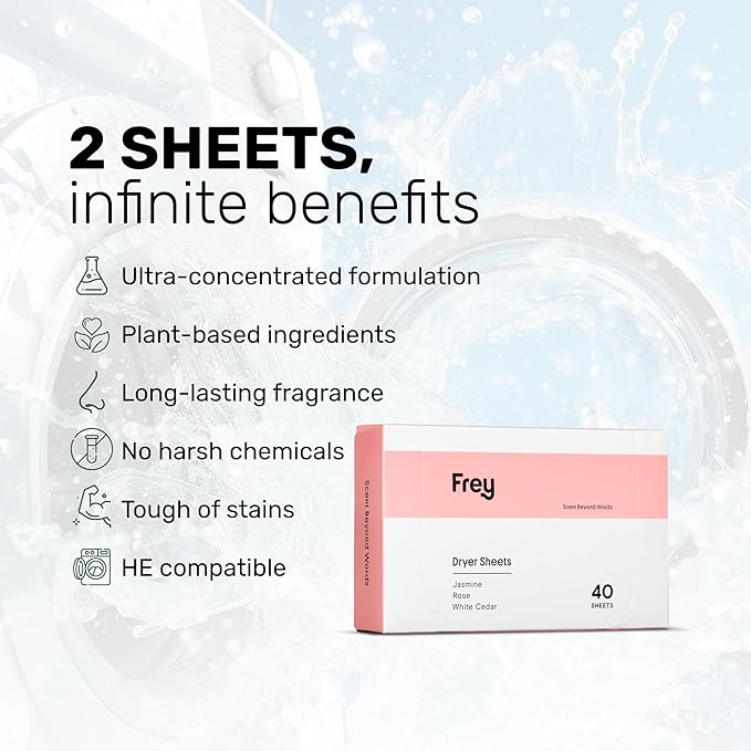 FREY Naturally Scented Dryer Sheets - Fabric Softener for Soft, Fresh & Clean Clothes (1-pack, Jasmine Rose)