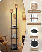 Floor Lamp with Shelves, Boho Floor Lamp with Foot Switch, 3-Light Standing Lamp, for Living Room, Bedroom, Study, Rustic Brown and Yellow YF53LD05 ﻿