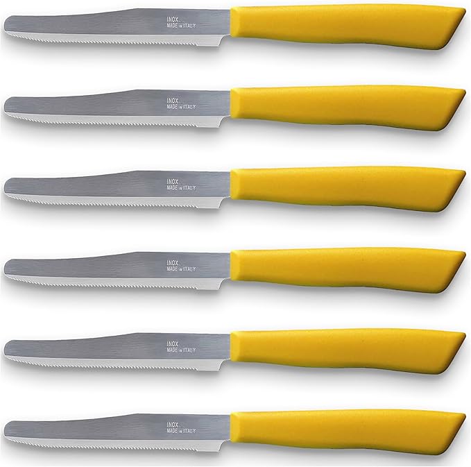 6 kitchen Knives - 4.3"/11cm Italian Stainless Steel Serrated Vegetable/Steak/Table Knife Cutlery, Rounded Tip (Yellow)