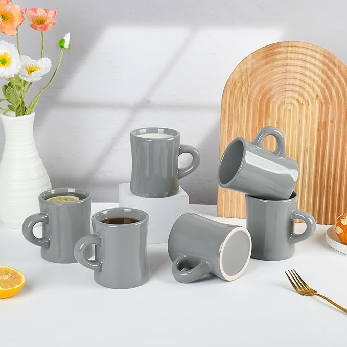 11oz Ceramic Coffee Mug set Stoneware Coffee Cups Set for Restaurant, Diner, Farmhouse, Coffee Shop, Home set of 6(Gray)