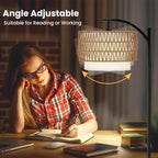 Arc Floor Lamp for Living Room,Farmhouse Floor Lamps with Remote Control & Dimmable Bulb,Rattan Boho Tall Standing Lamp for Bedroom Office