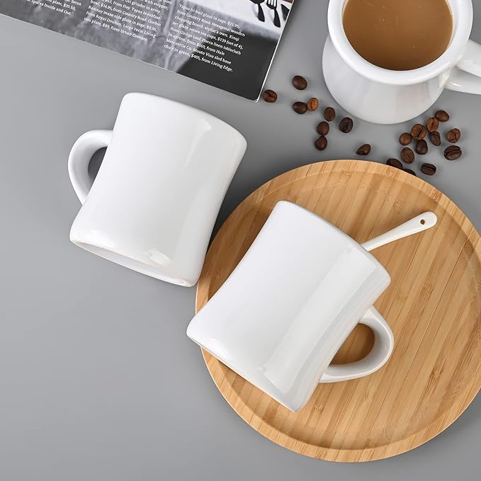 11oz Ceramic Diner Coffee Mug set Stoneware Coffee Cups Set for Restaurant, Diner, Farmhouse, Coffee Shop, Home set of 4 with Coffee spoons and Woven coasters (white)