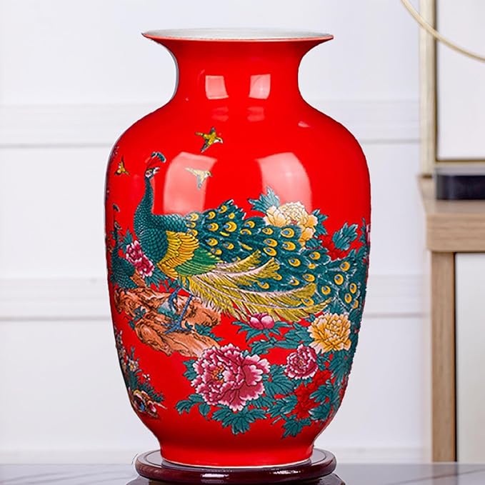 MTME Porcelain Figurines, Jingdezhen Peacock Decorative Flower vase, Home Decor, Wedding Gifts, Aesthetic Sculpture Home décor (Red)