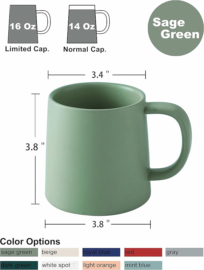 T-WARE 16 Oz Coffee Mugs, Matte Sage Green Mug Set of 2, Ceramic Mugs Coffee, Solid Color Coffee Cups Ceramic